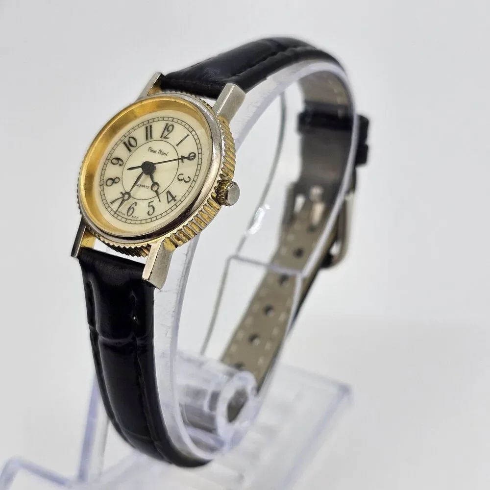 VTG Pierre Nicol Women Watch 24MM Cream Dial New Black Leather Bands New Battery